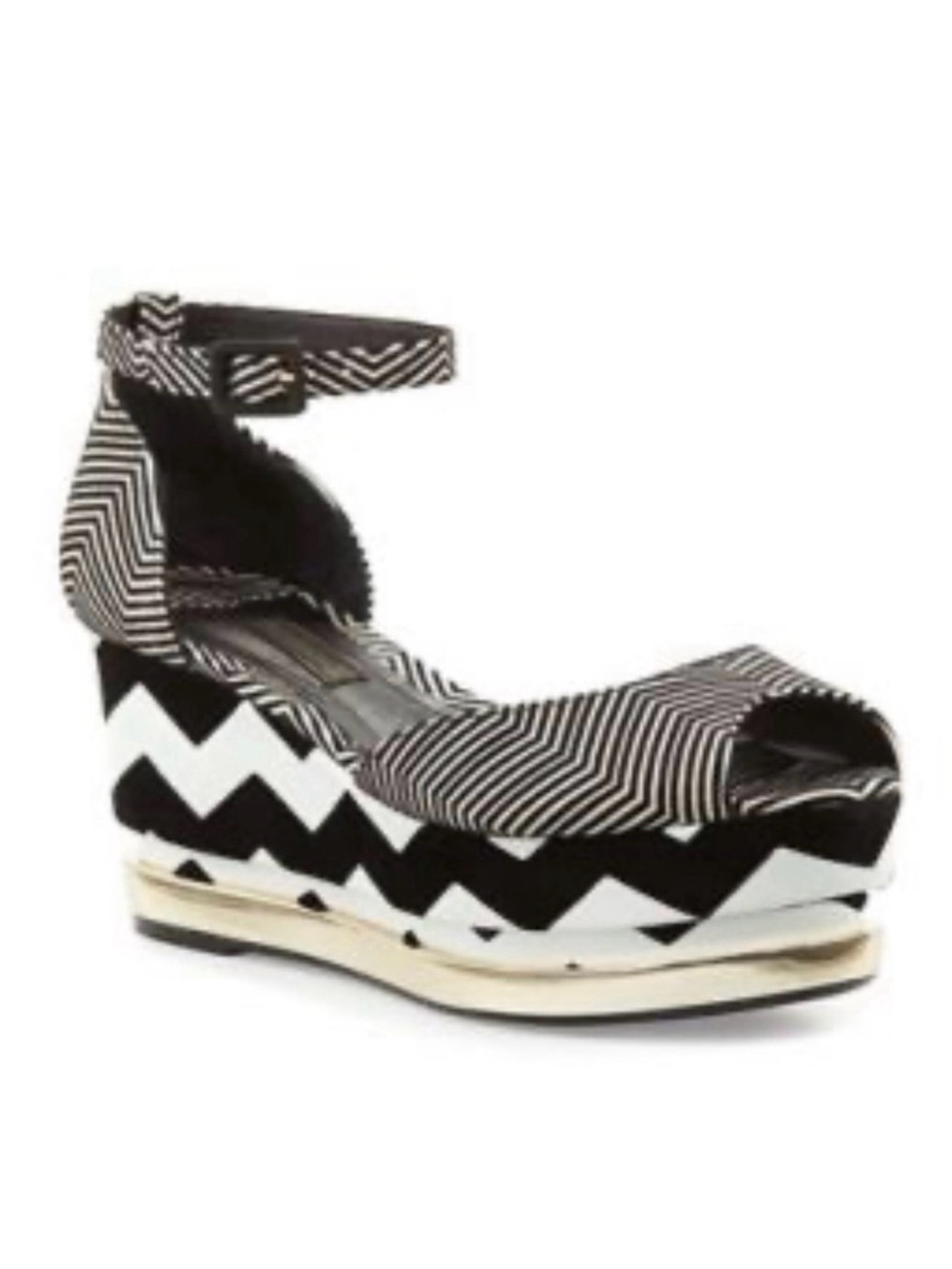 SCHUTZ Abstract Black White Suede w Fabric Ankle Strap Metallic Platform Sz 7